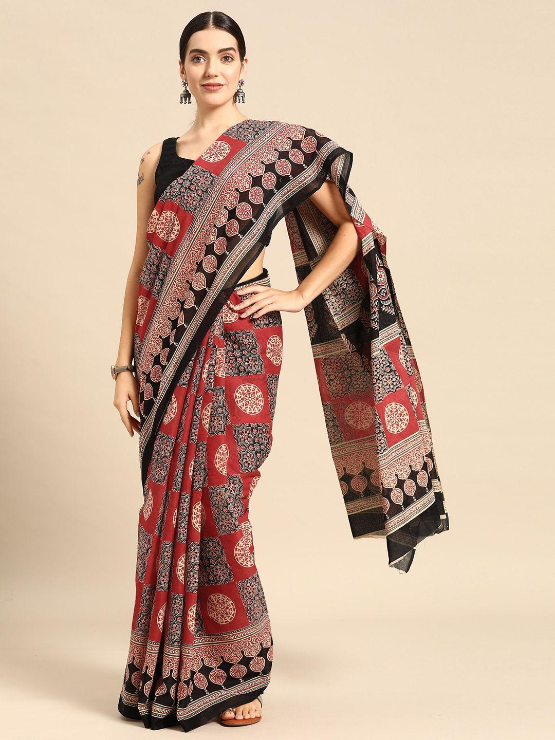 here&now ethnic motifs printed pure cotton saree