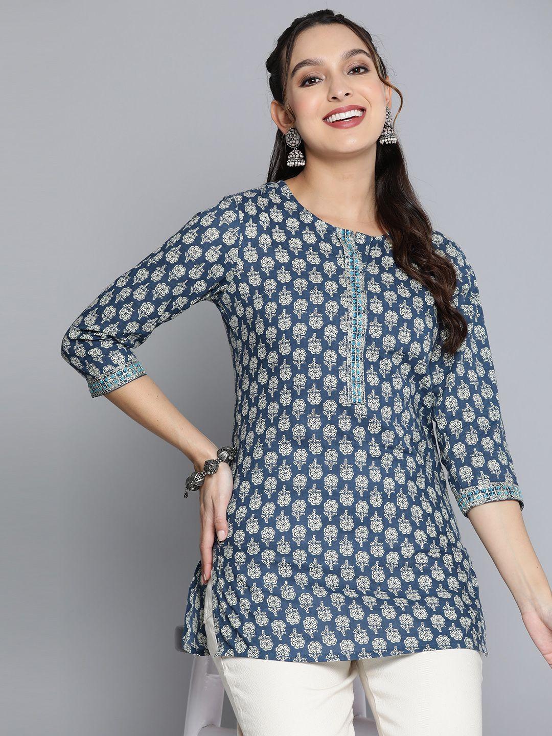 here&now ethnic motifs printed sequinned pure cotton kurti