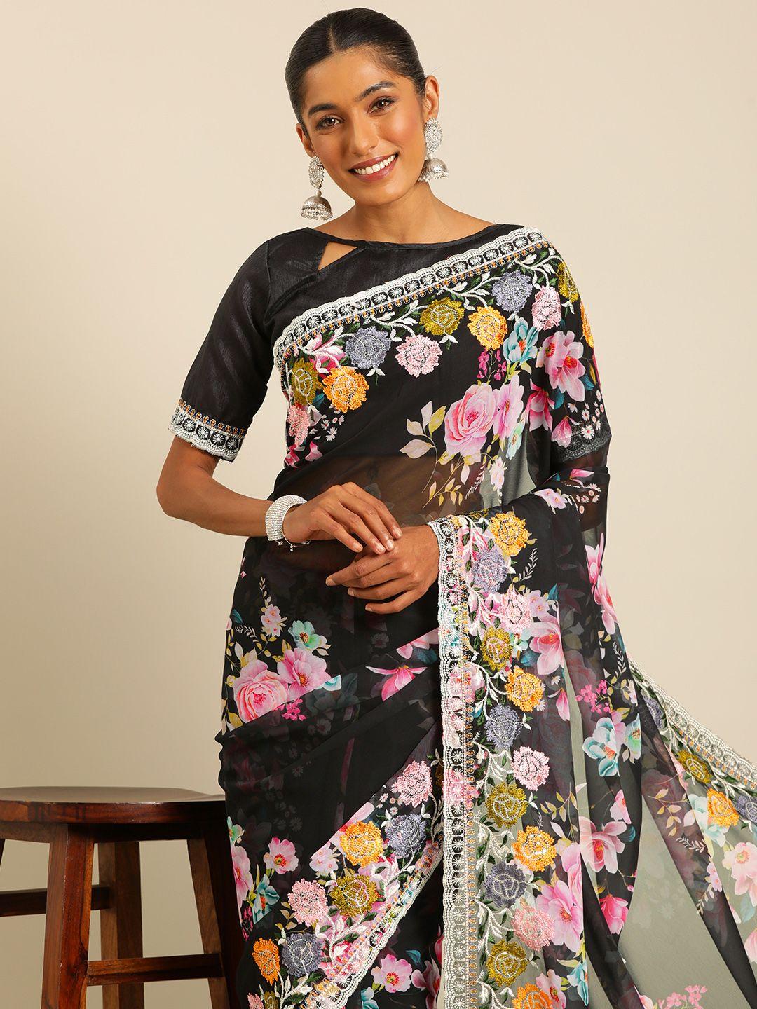 here&now floral beads and stones poly georgette saree