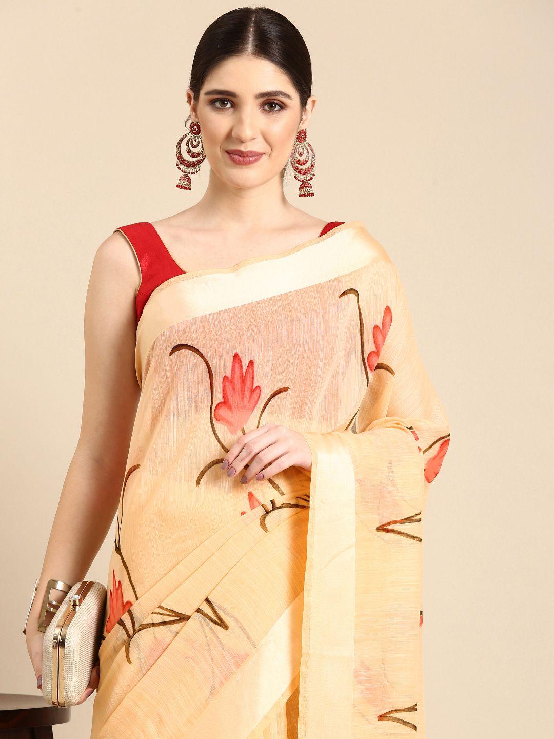 here&now floral printed zari silk cotton saree