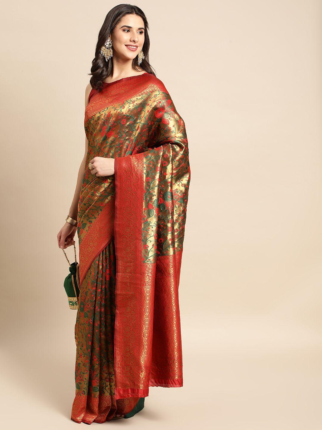 here&now golden & red ethnic motifs silk blend saree