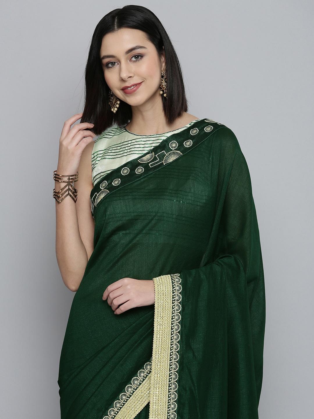 here&now green embroidered silk blend saree