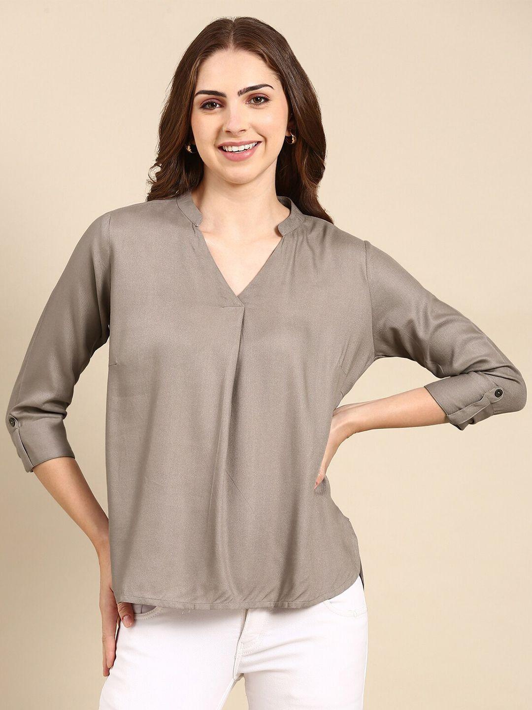 here&now grey mandarin collar roll-up sleeves top