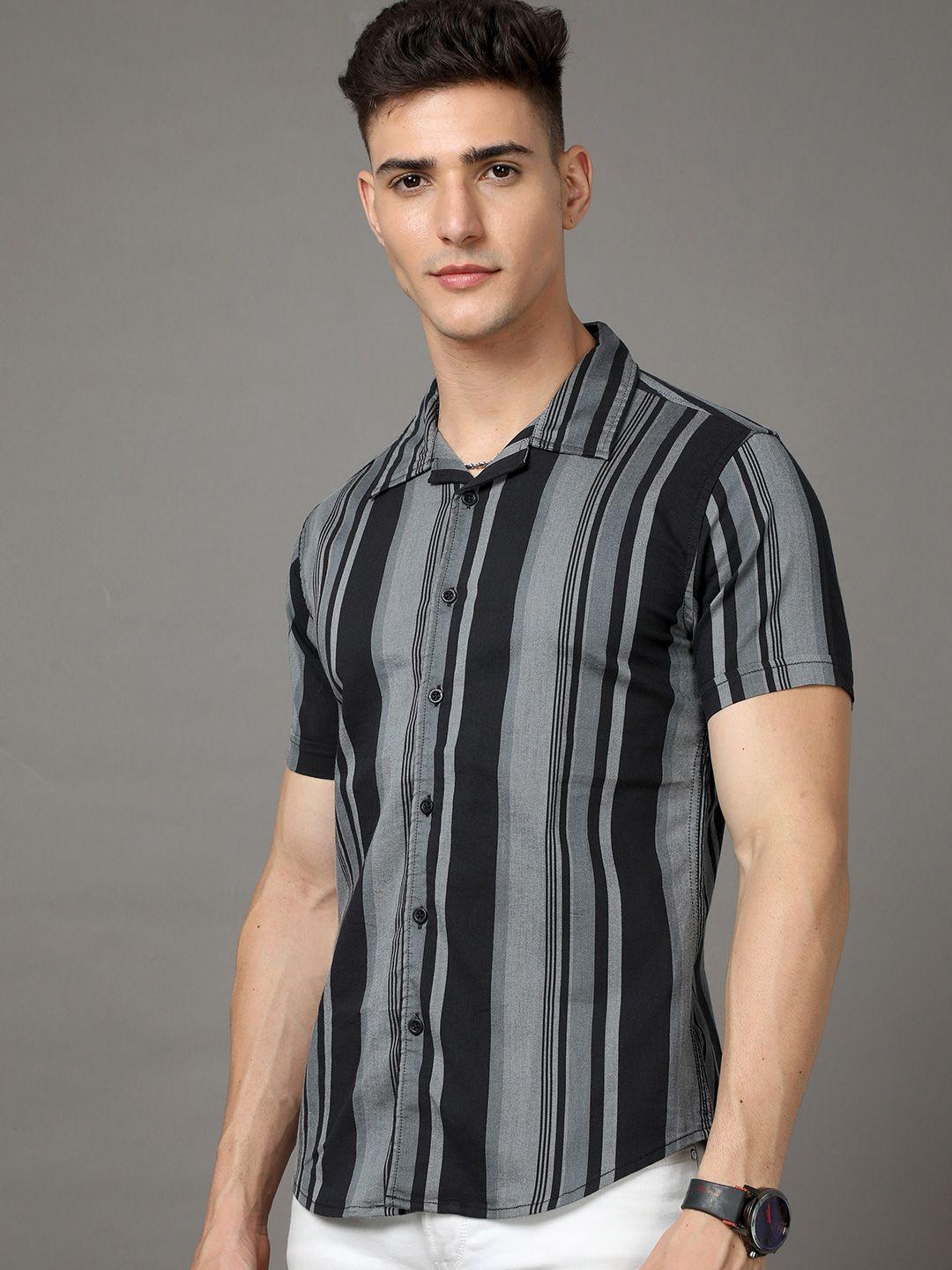 here&now grey slim fit striped casual cotton shirt