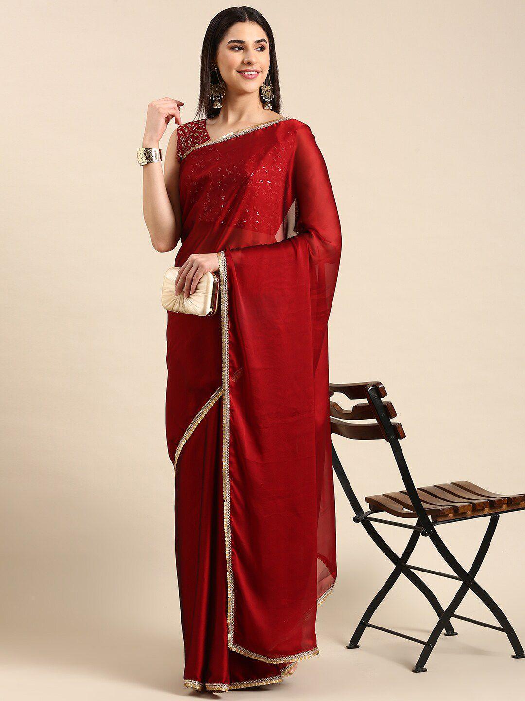 here&now maroon sequinned poly georgette saree