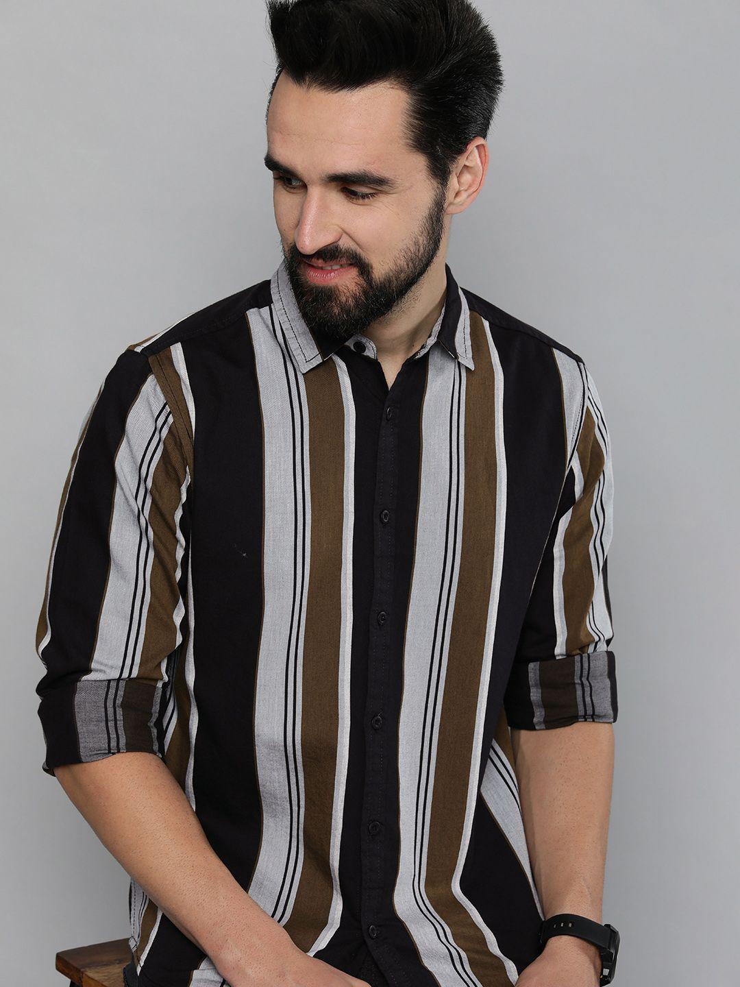here&now men black & grey pure cotton slim fit multi stripes checked casual shirt