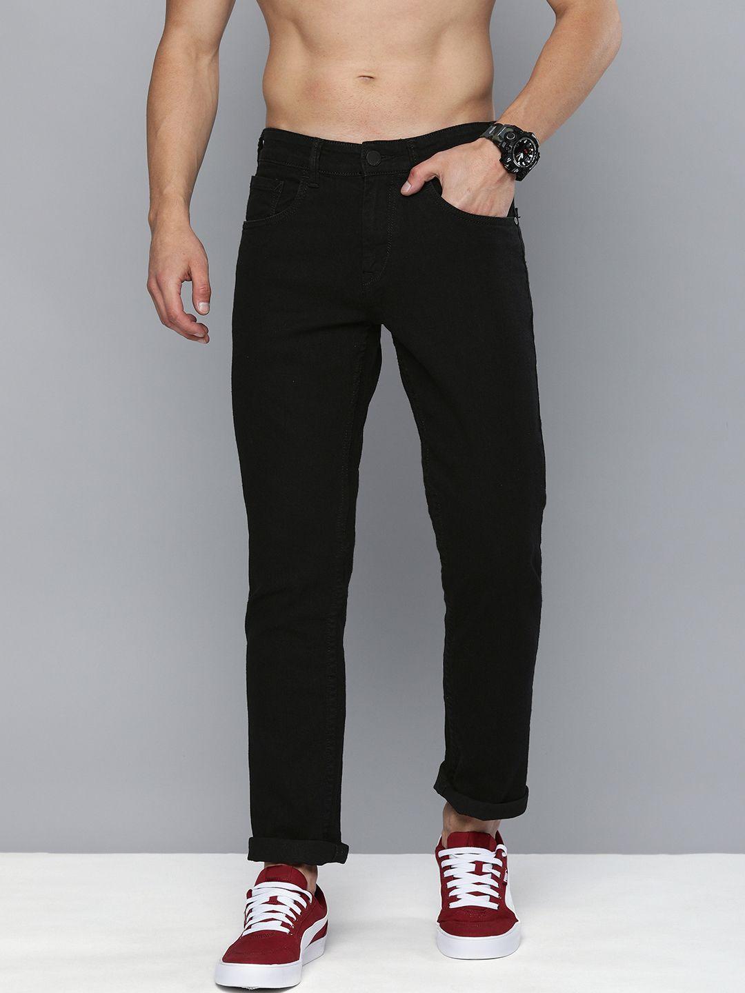 here&now men black regular fit clean look mid rise stretchable jeans
