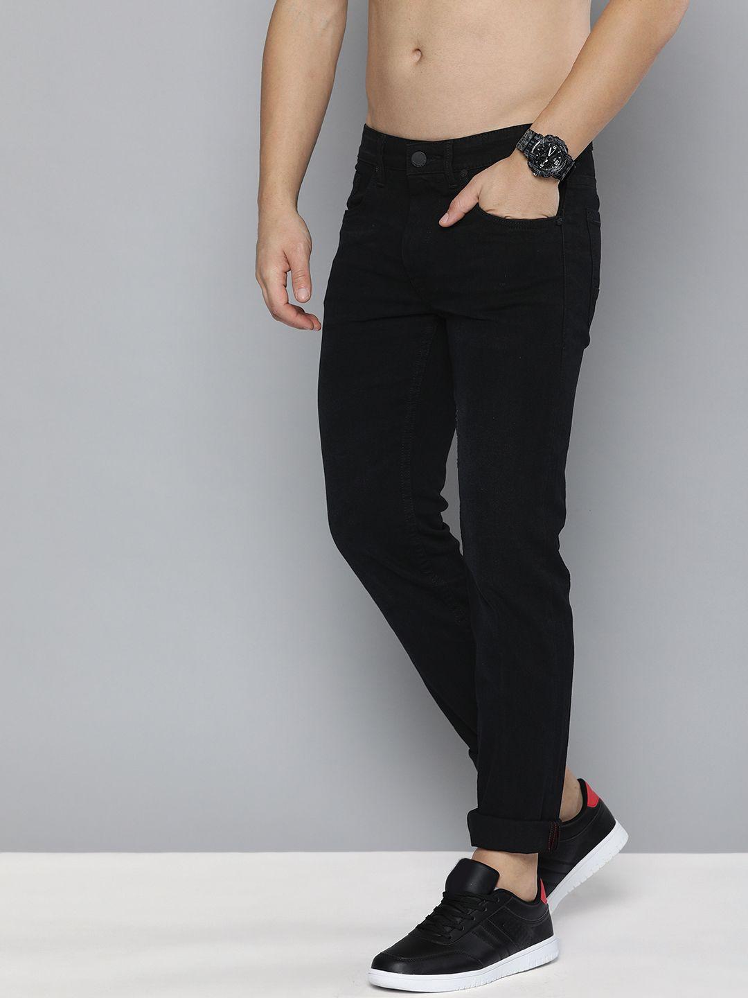 here&now men black slim fit mid-rise low distress stretchable jeans