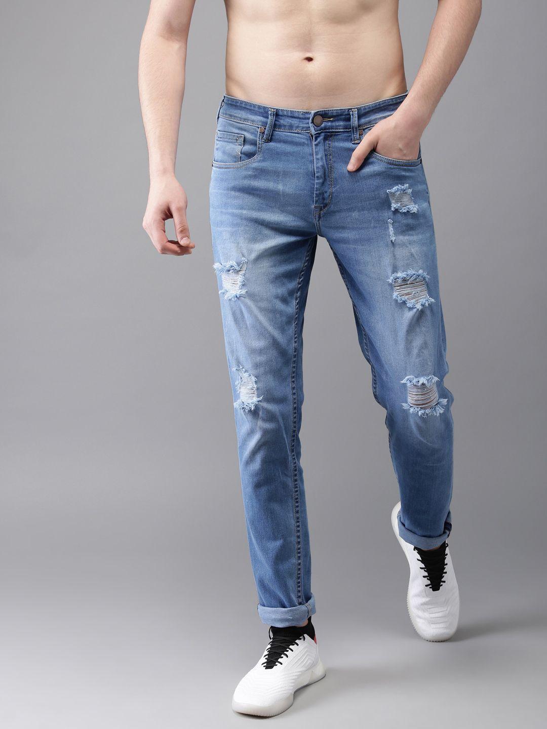 here&now men blue slim fit mid-rise highly distressed stretchable jeans