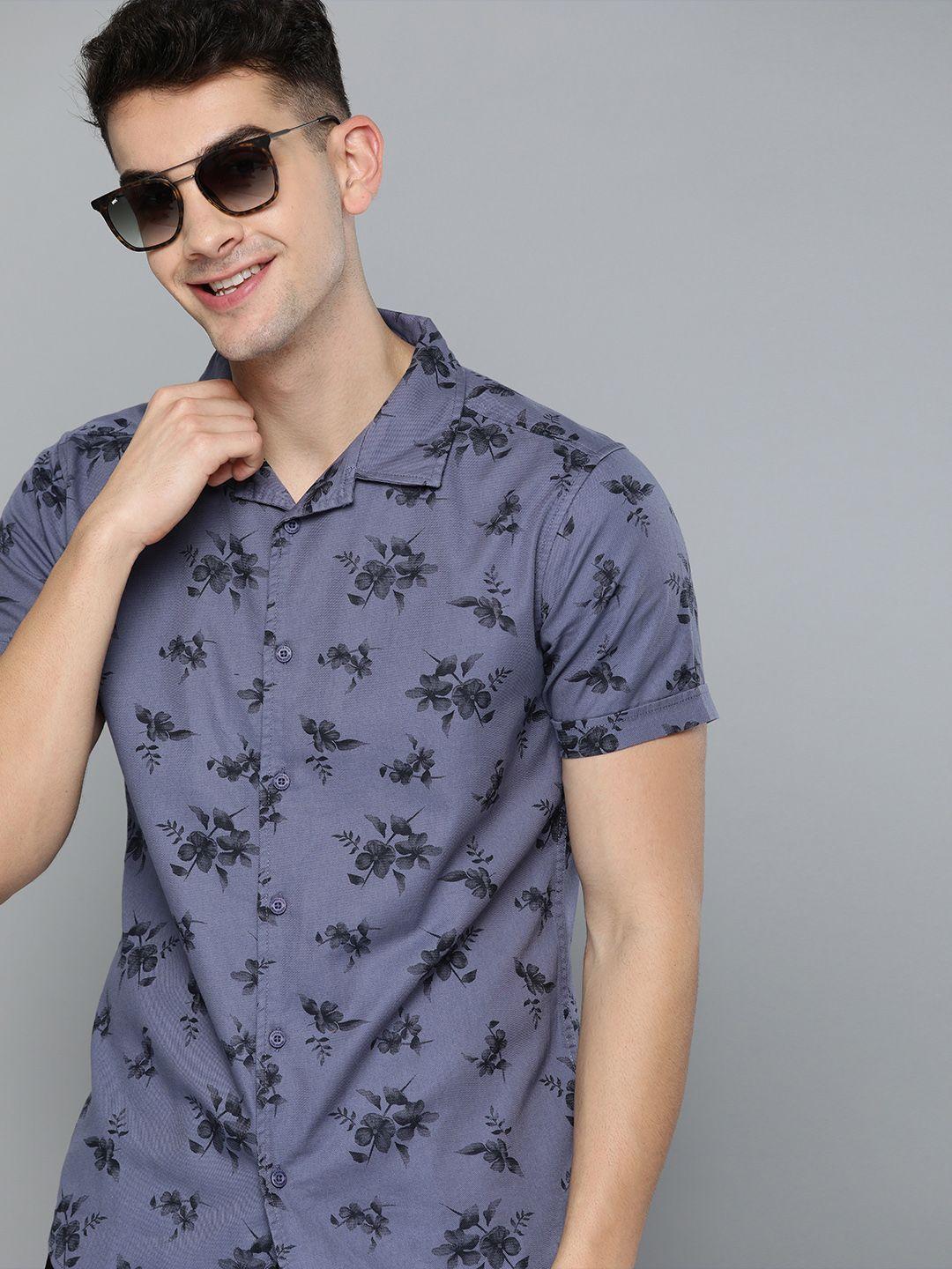 here&now men blue slim fit printed casual shirt