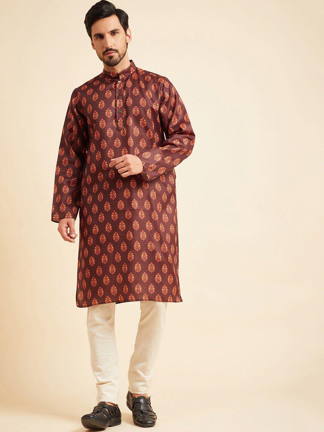 here&now men brown ethnic motifs thread work kurta