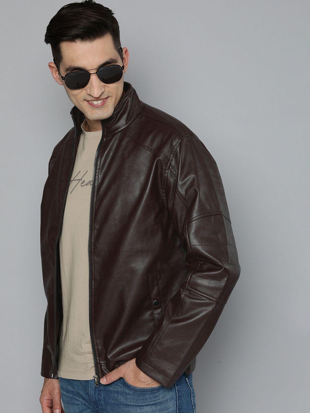 here&now men brown solid leather jacket