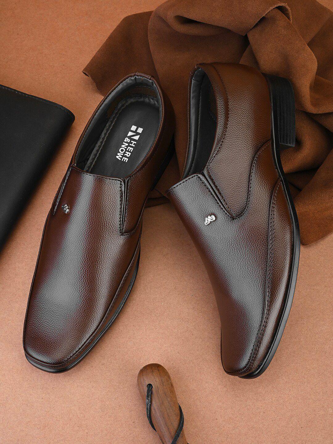 here&now men brown textured formal slip-on shoes