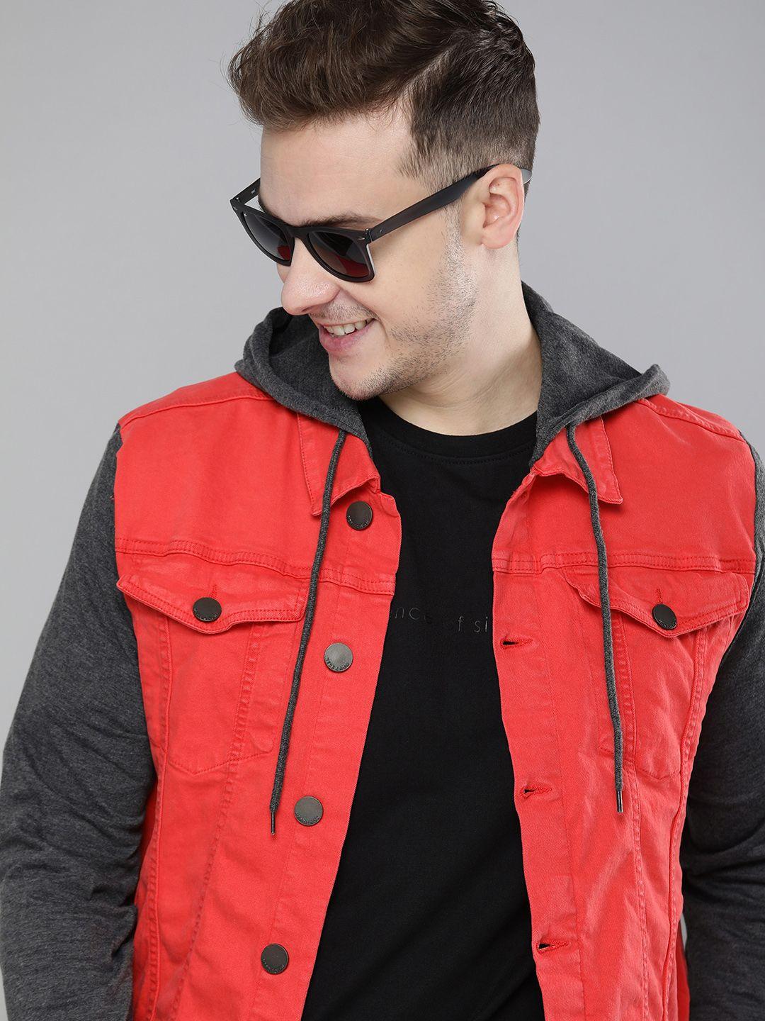 here&now men coral red hooded contrast detail jacket