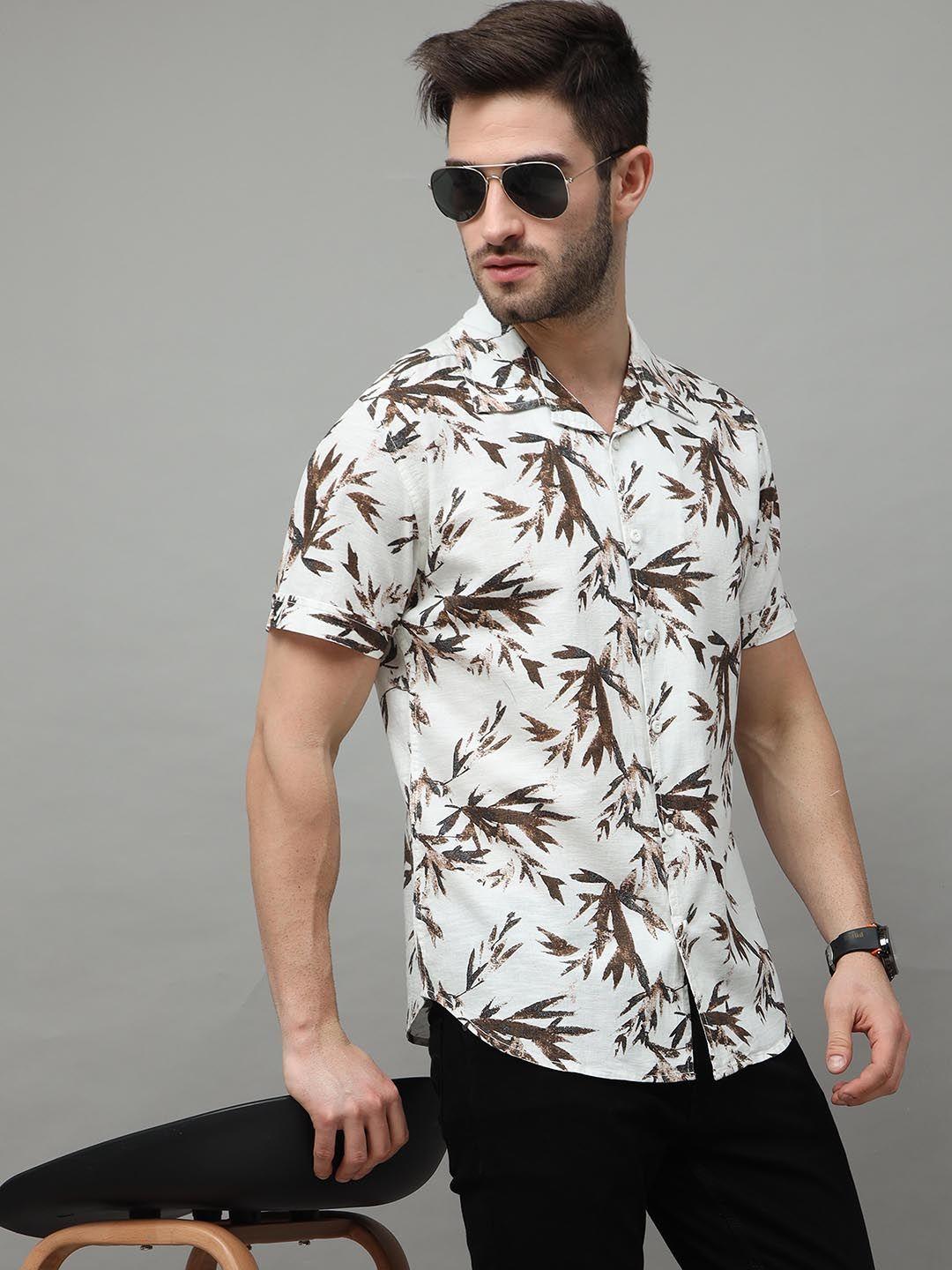 here&now men cream-coloured slim fit floral printed casual shirt