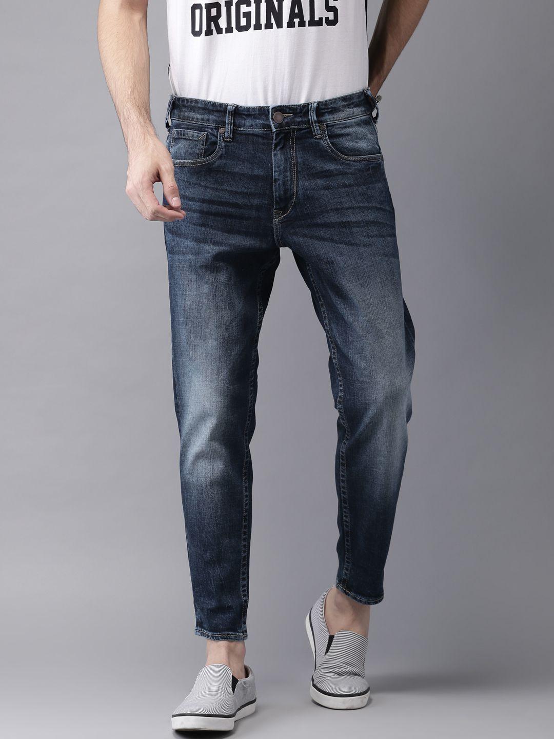 here&now men cropped mid rise slim fit blue clean look jeans