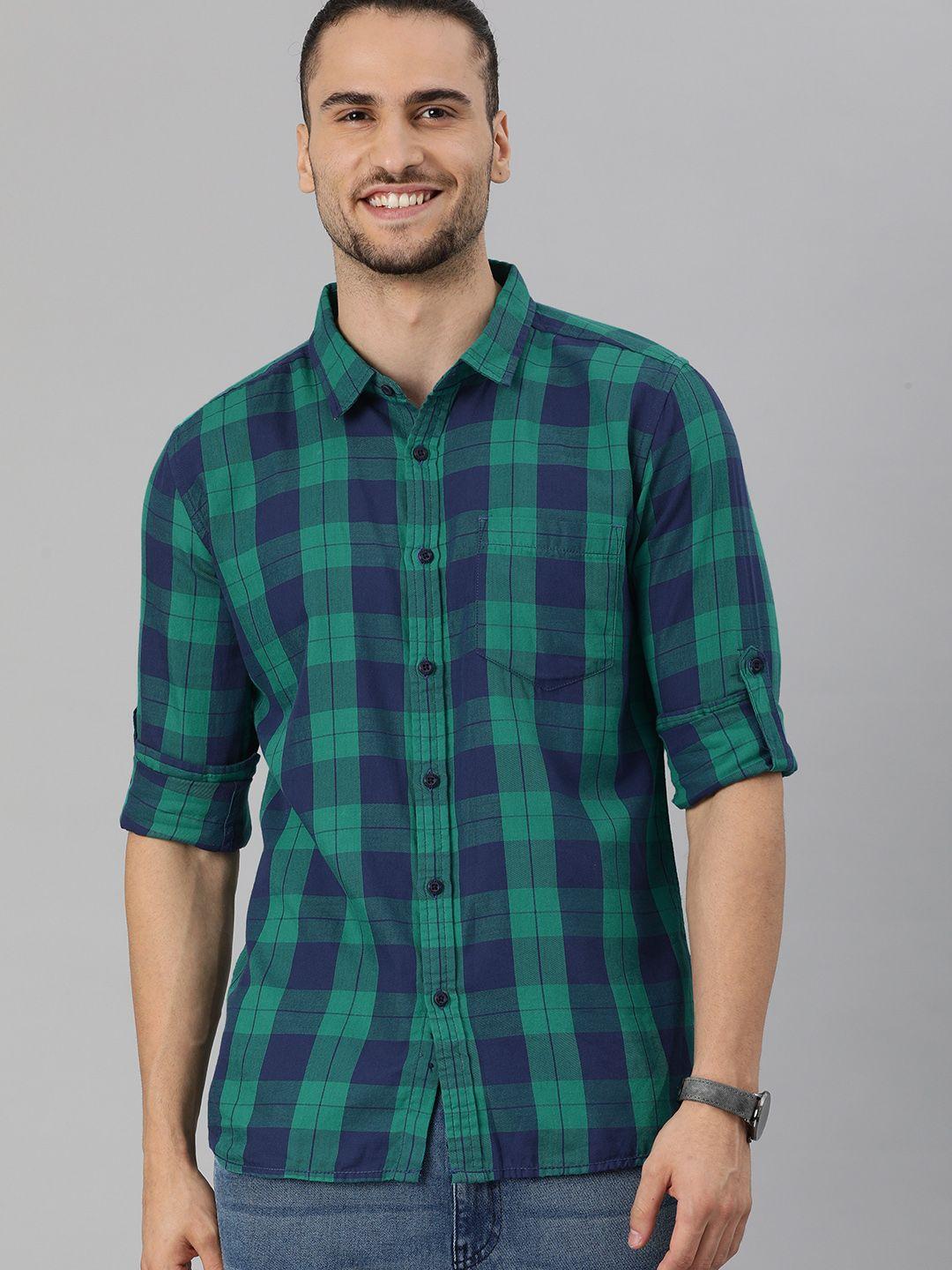 here&now men green & blue slim fit checked sustainable casual shirt