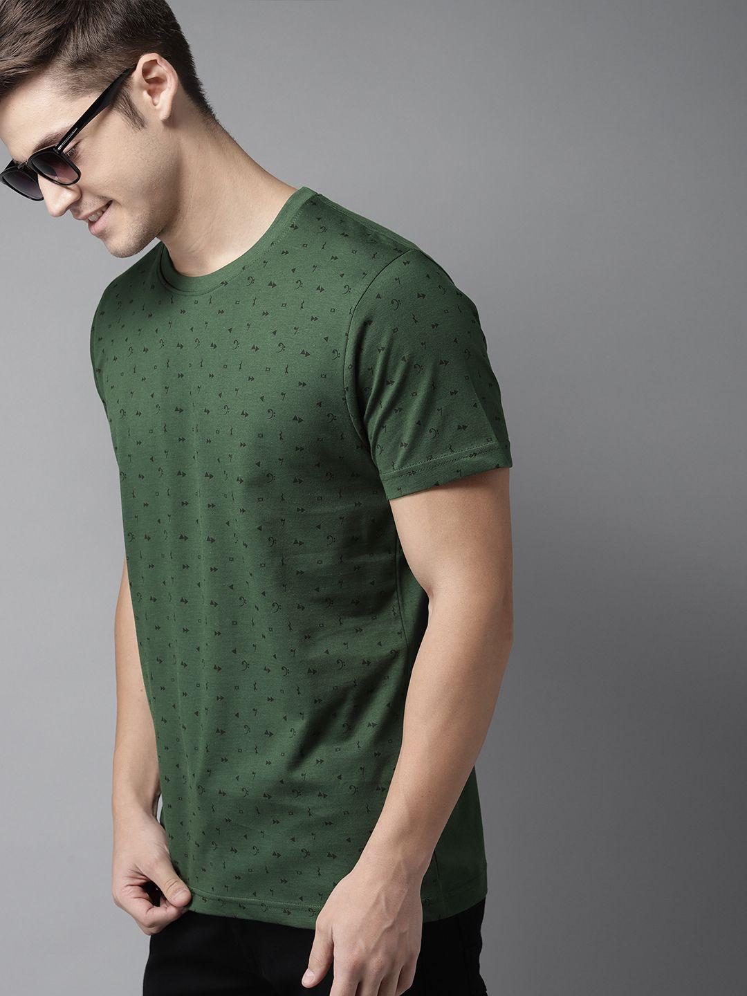 here&now men green printed round neck t-shirt