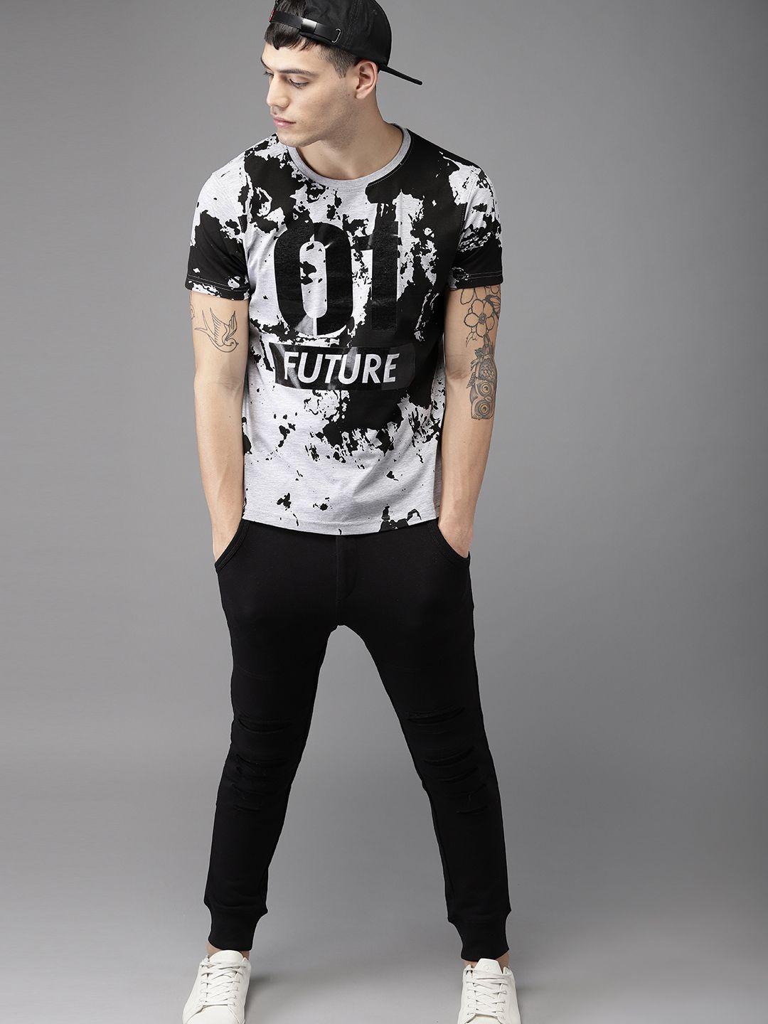 here&now men grey & black abstract printed round neck t-shirt