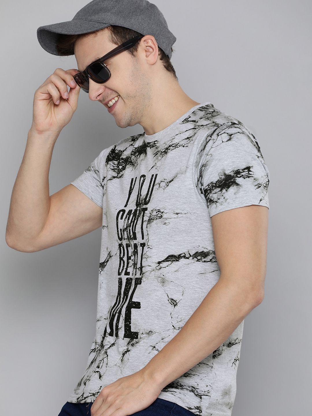 here&now men grey & black dyed round neck t-shirt with typography print