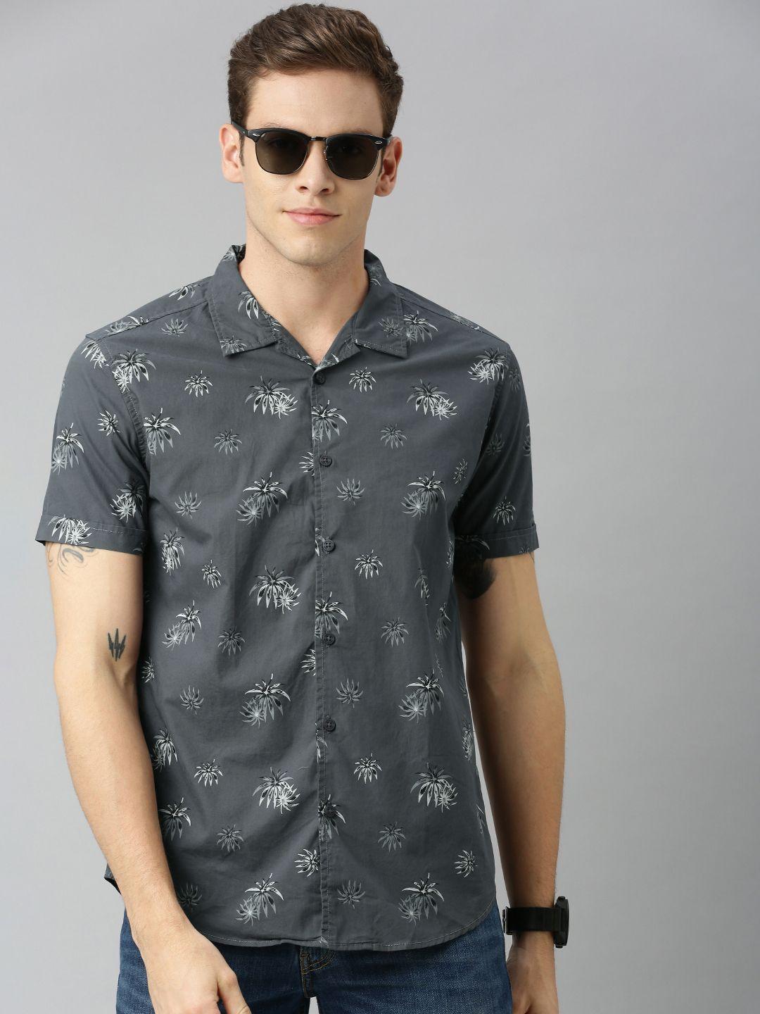 here&now men grey & white slim fit floral printed cuban collar casual shirt