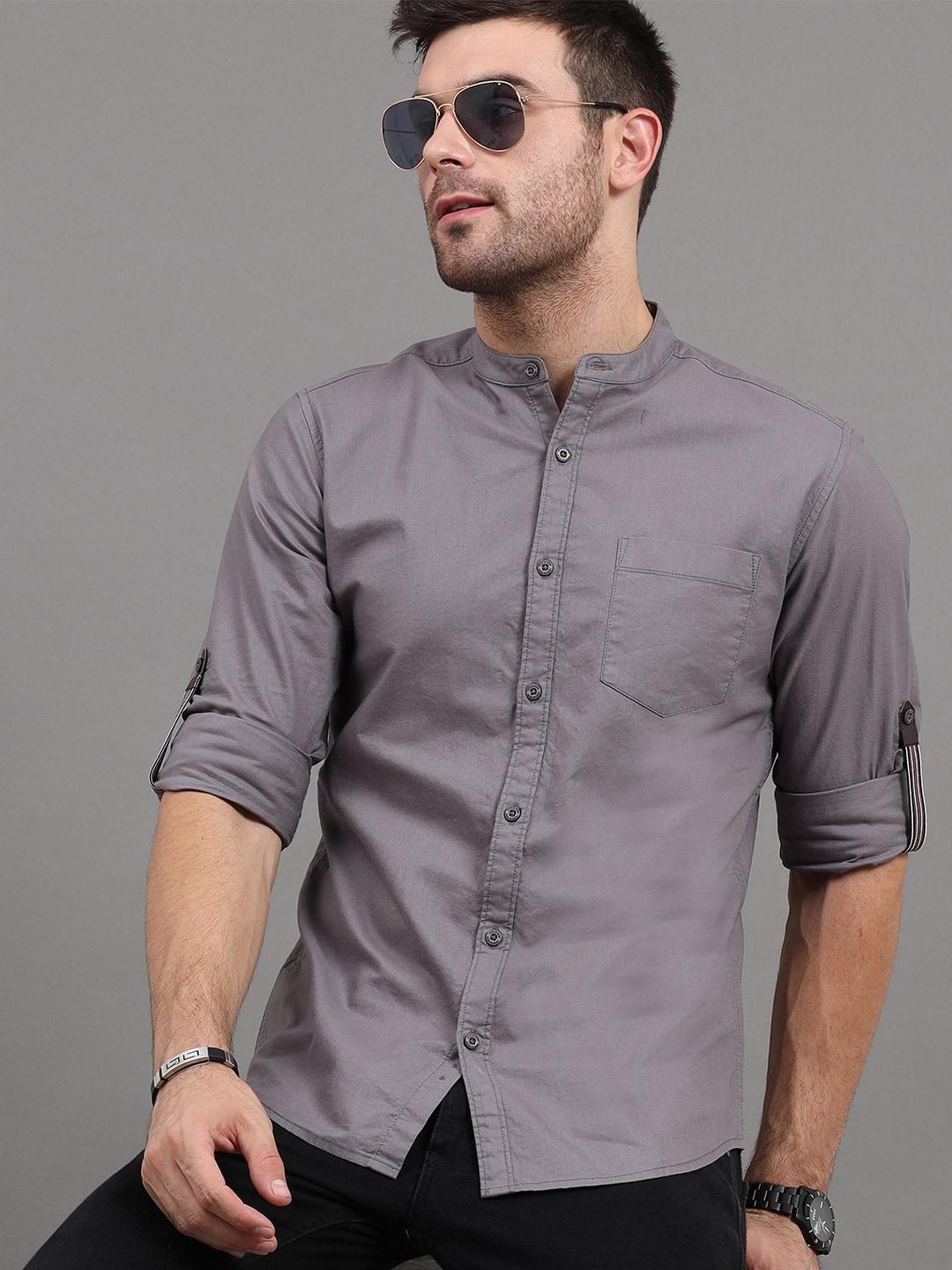 here&now men grey solid slim fit casual shirt