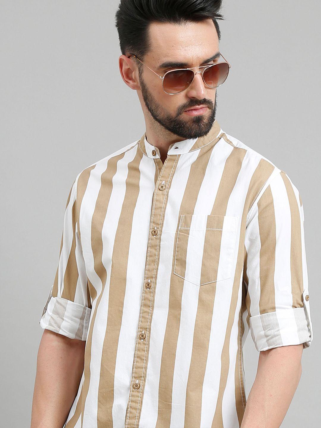 here&now men khaki slim fit striped cotton casual shirt