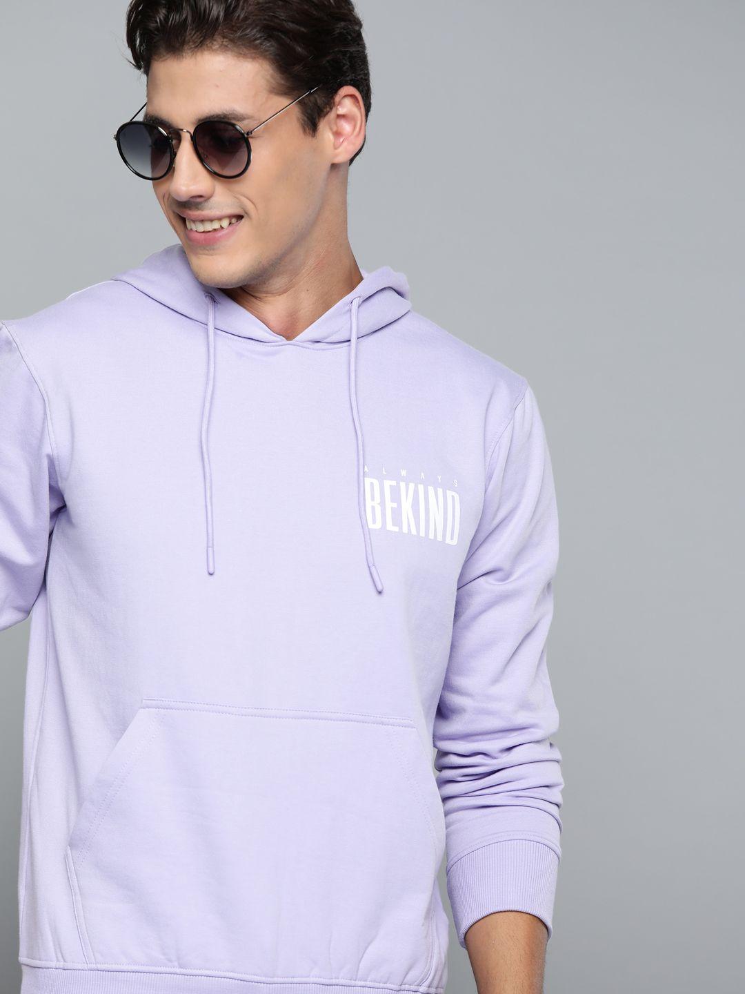 here&now men lavender typography printed hooded sweatshirt