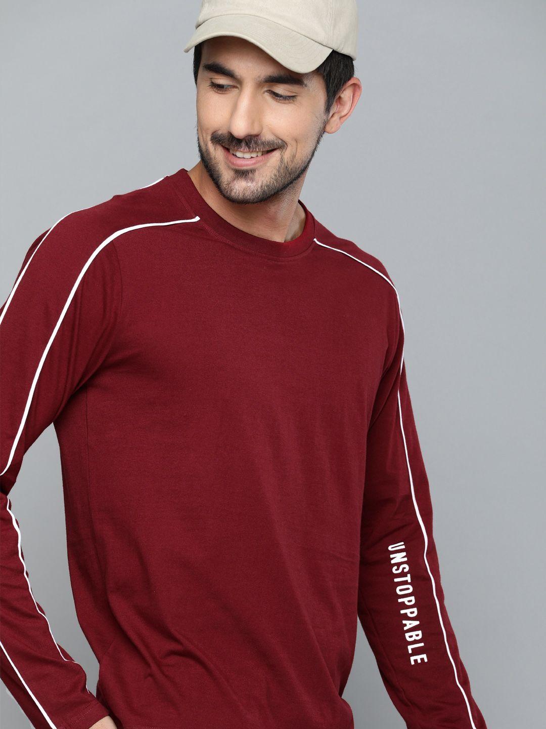 here&now men maroon printed round neck t-shirt