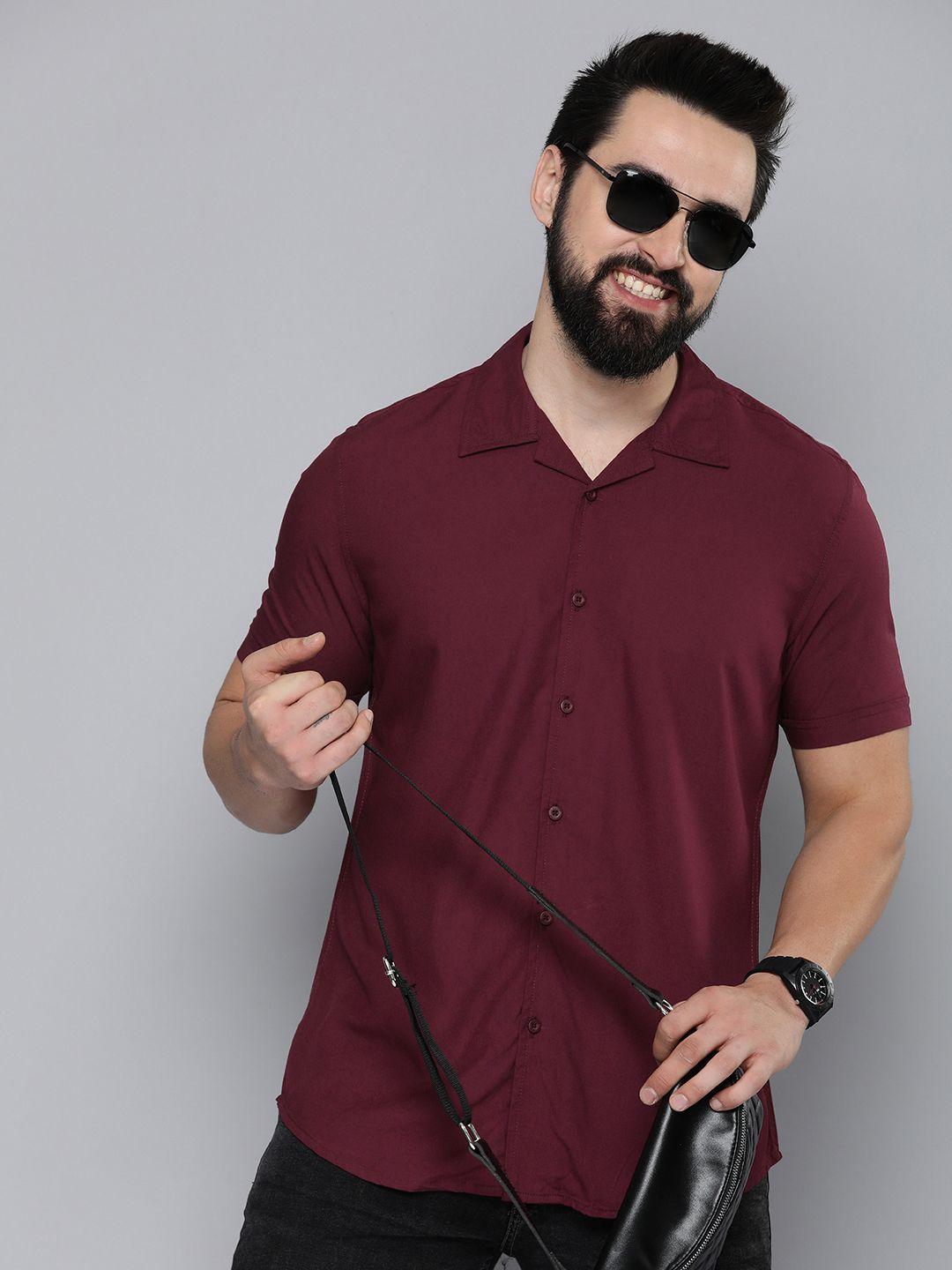 here&now men maroon slim fit opaque casual shirt