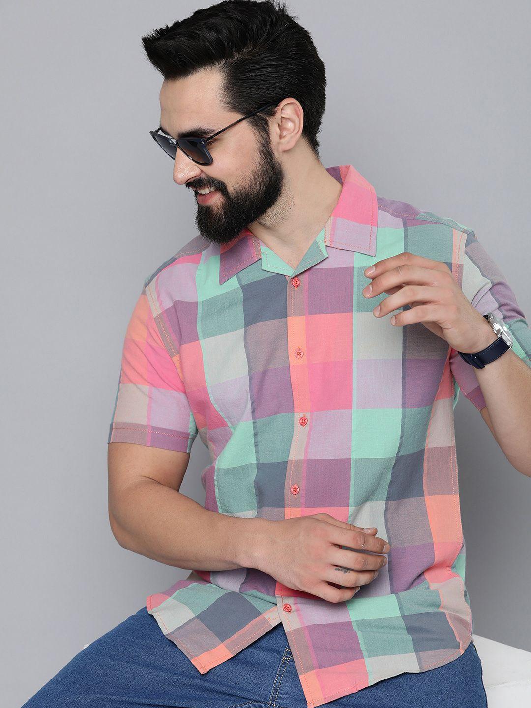 here&now men multicoloured slim fit opaque checked casual shirt
