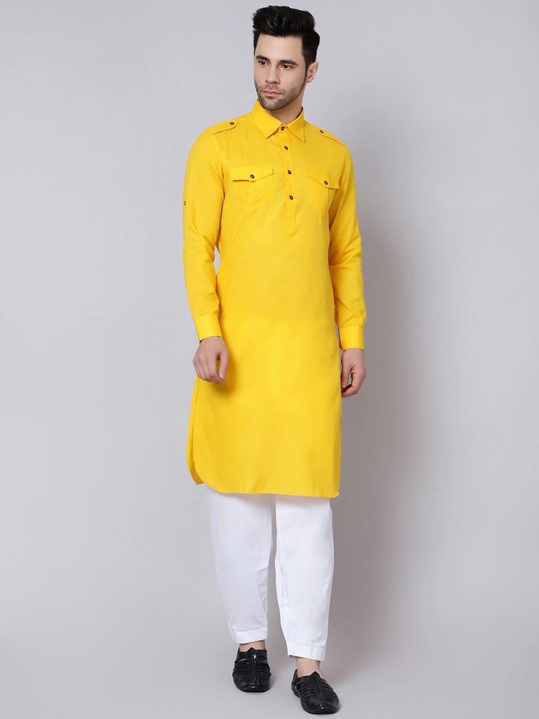 here&now men mustard yellow quirky thread work pathani kurta