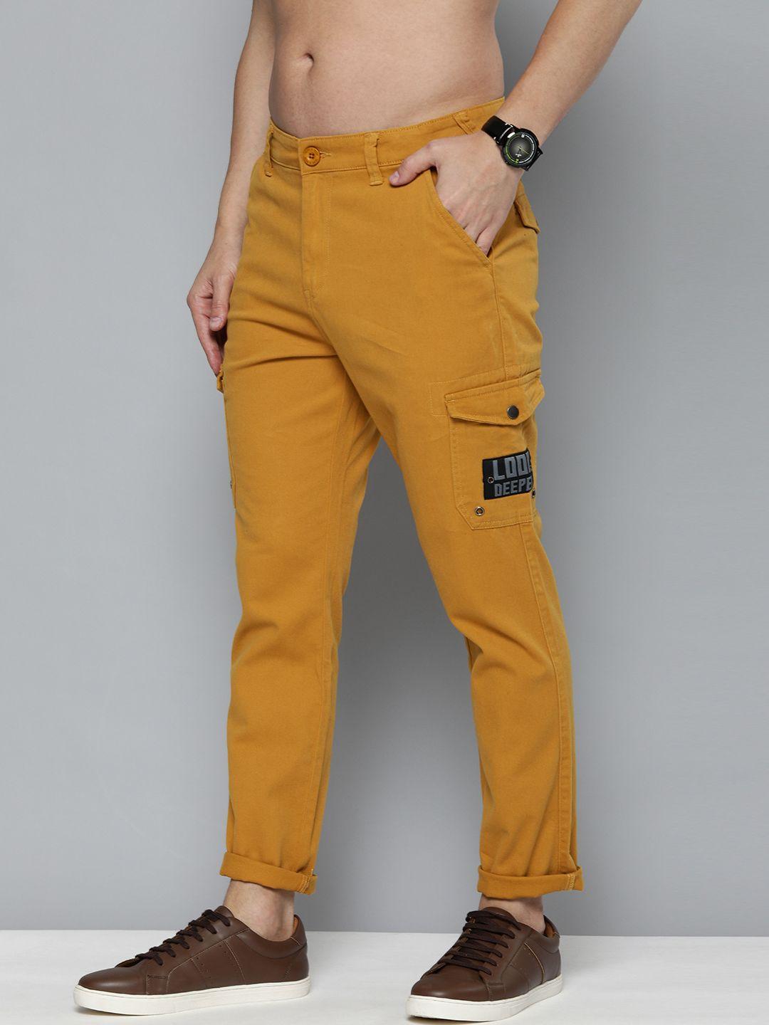 here&now men mustard yellow solid cargos trousers