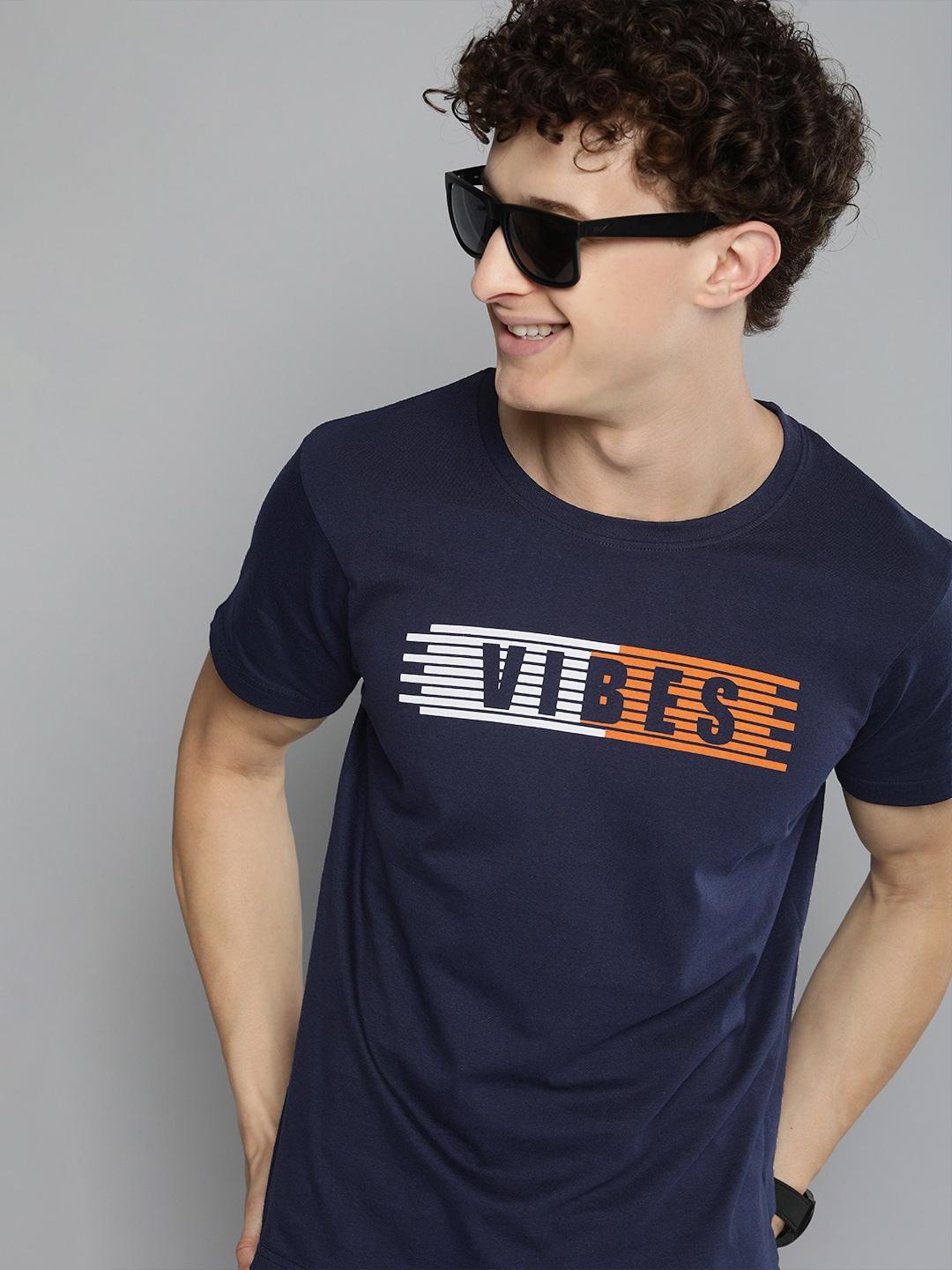 here&now men navy blue typography printed t-shirt
