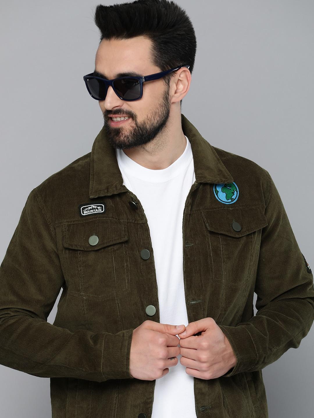 here&now men olive green graphic printed tailored jacket