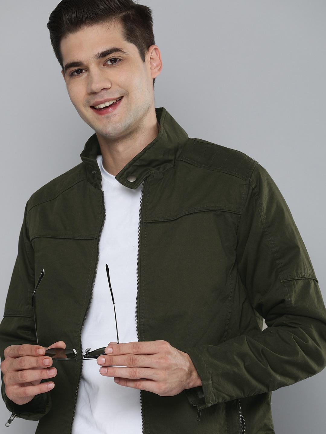 here&now men olive green open front jacket
