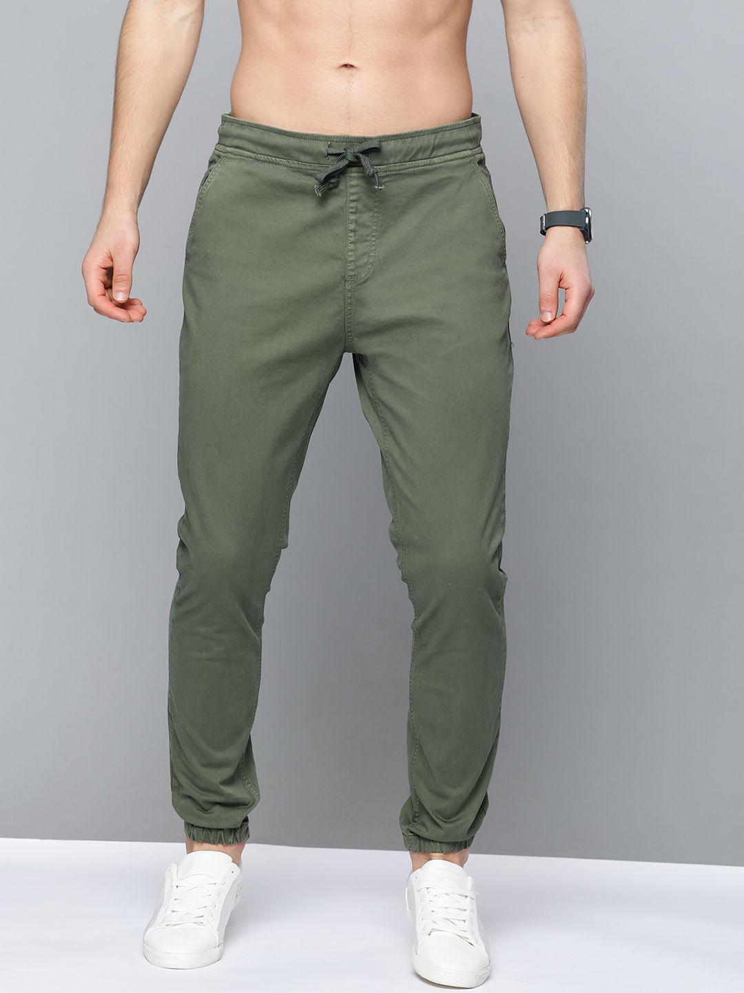 here&now men olive green regular fit solid joggers