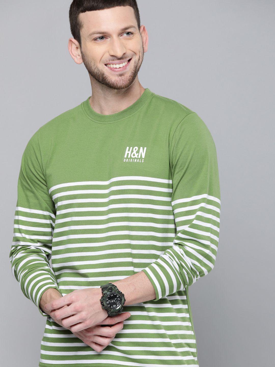 here&now men olive green striped round neck t-shirt
