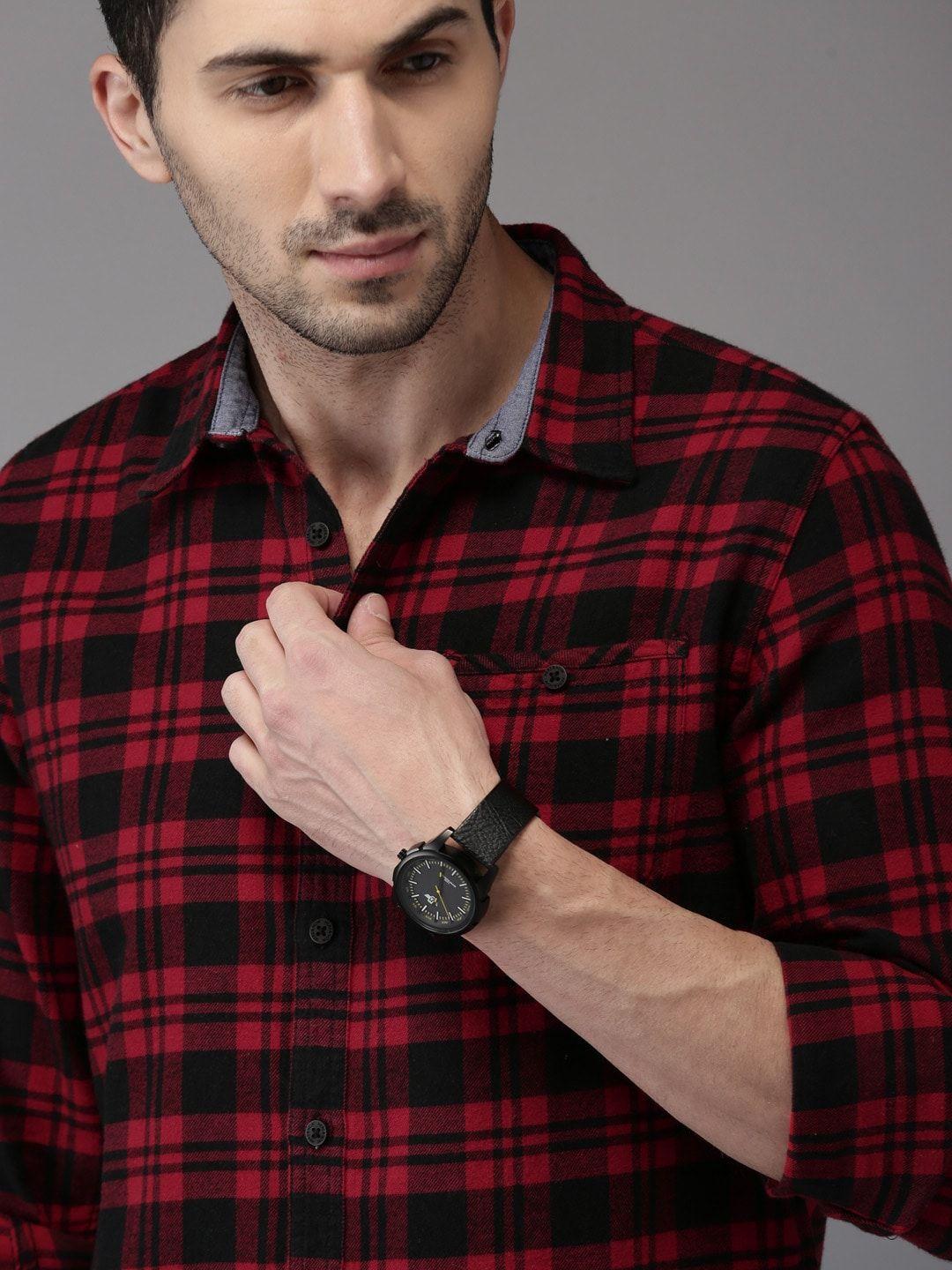here&now men red & black checked pure cotton sustainable casual shirt
