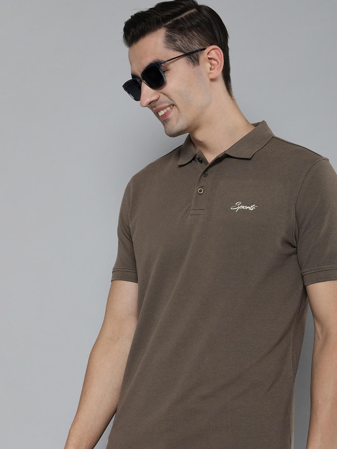 here&now men taupe polo collar pure cotton t-shirt