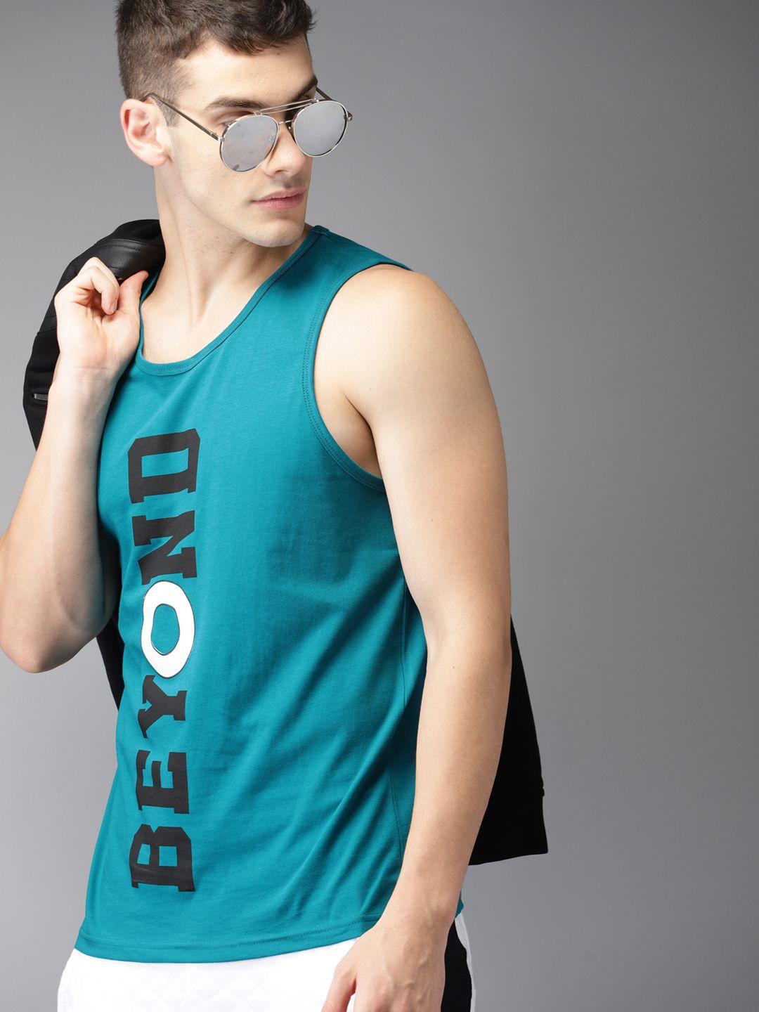 here&now men teal blue printed round neck t-shirt