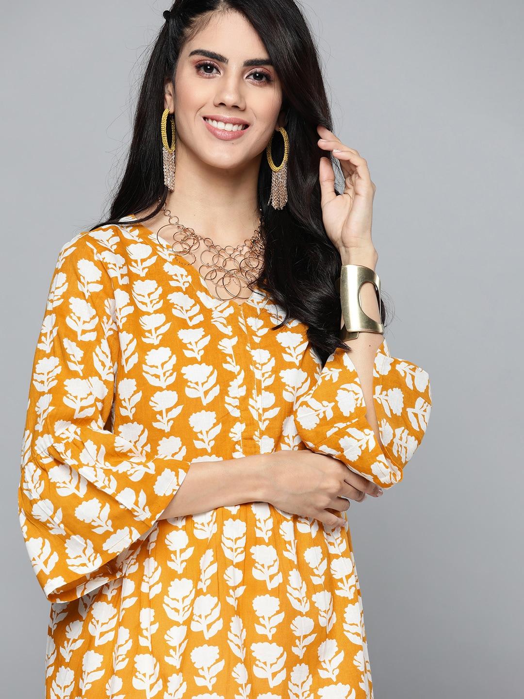 here&now mustard yellow & off white pure cotton printed v-neck kurti