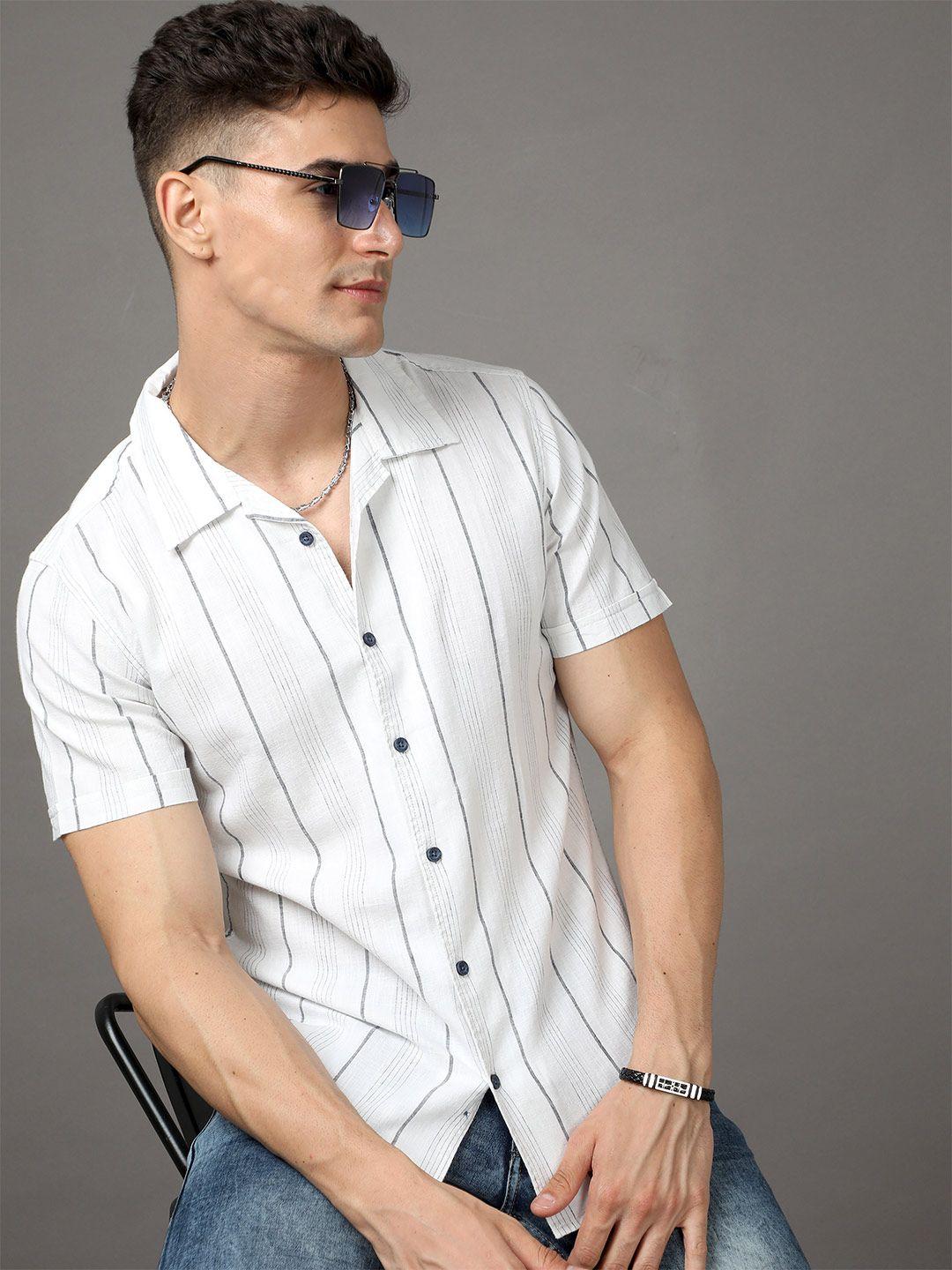 here&now off white vertical striped cuban collar cotton slim fit casual shirt