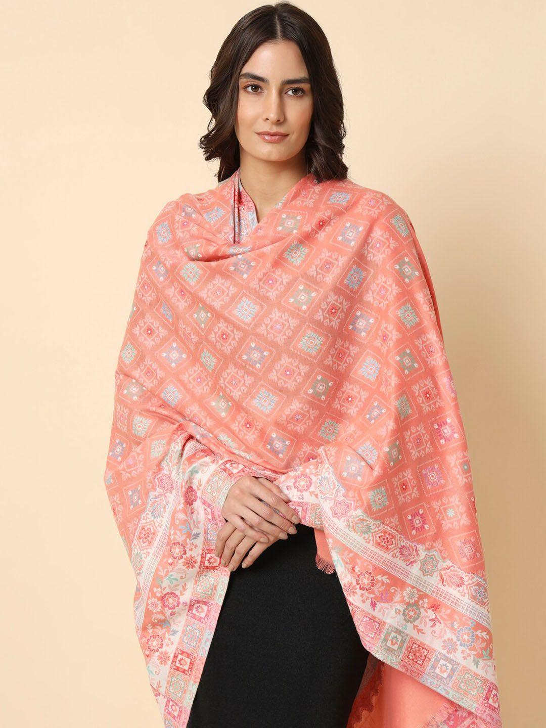 here&now peach-coloured kaani ethnic motifs woven design shawl