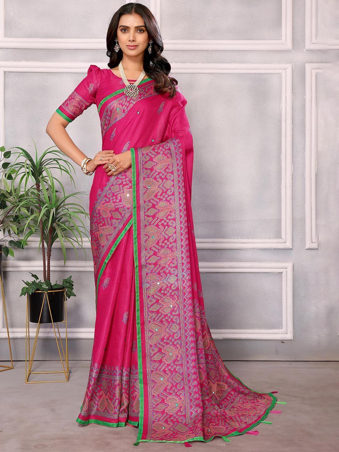 here&now pink floral jute silk designer saree