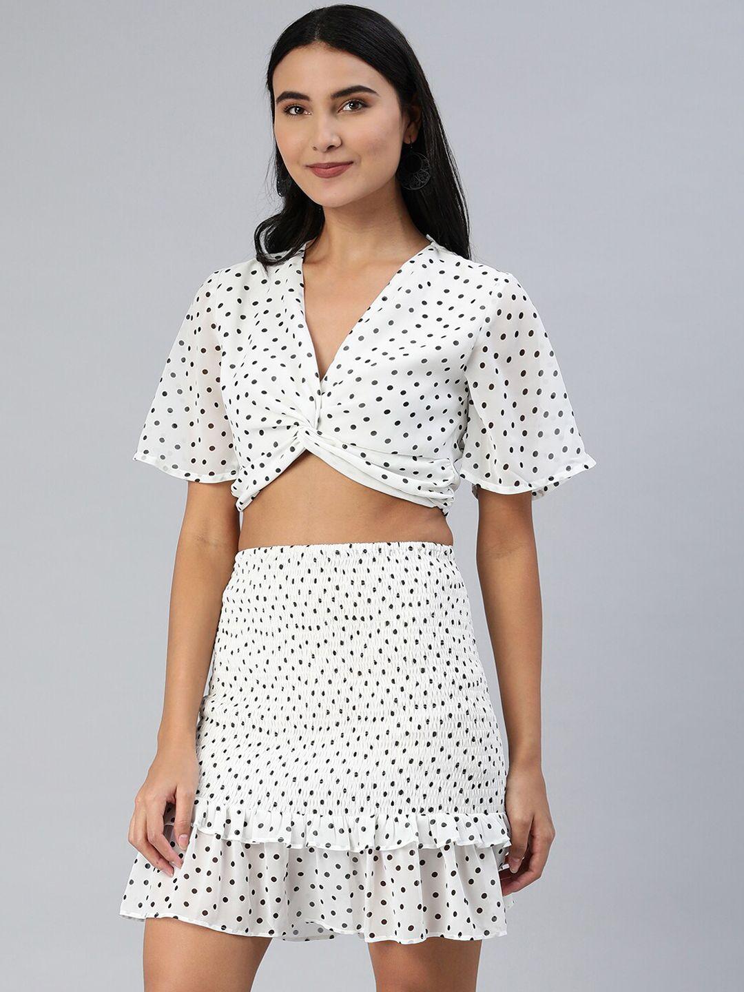 here&now polka dot printed v-neck crop top & skirt