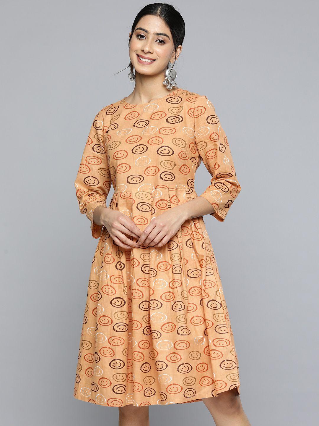 here&now pure cotton conversational print fit & flare ethnic dress