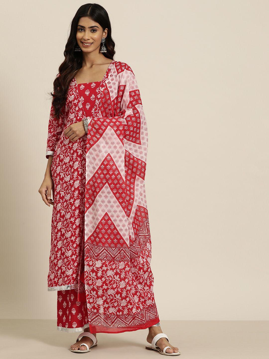 here&now pure cotton floral printed straight kurta with trousers & dupatta