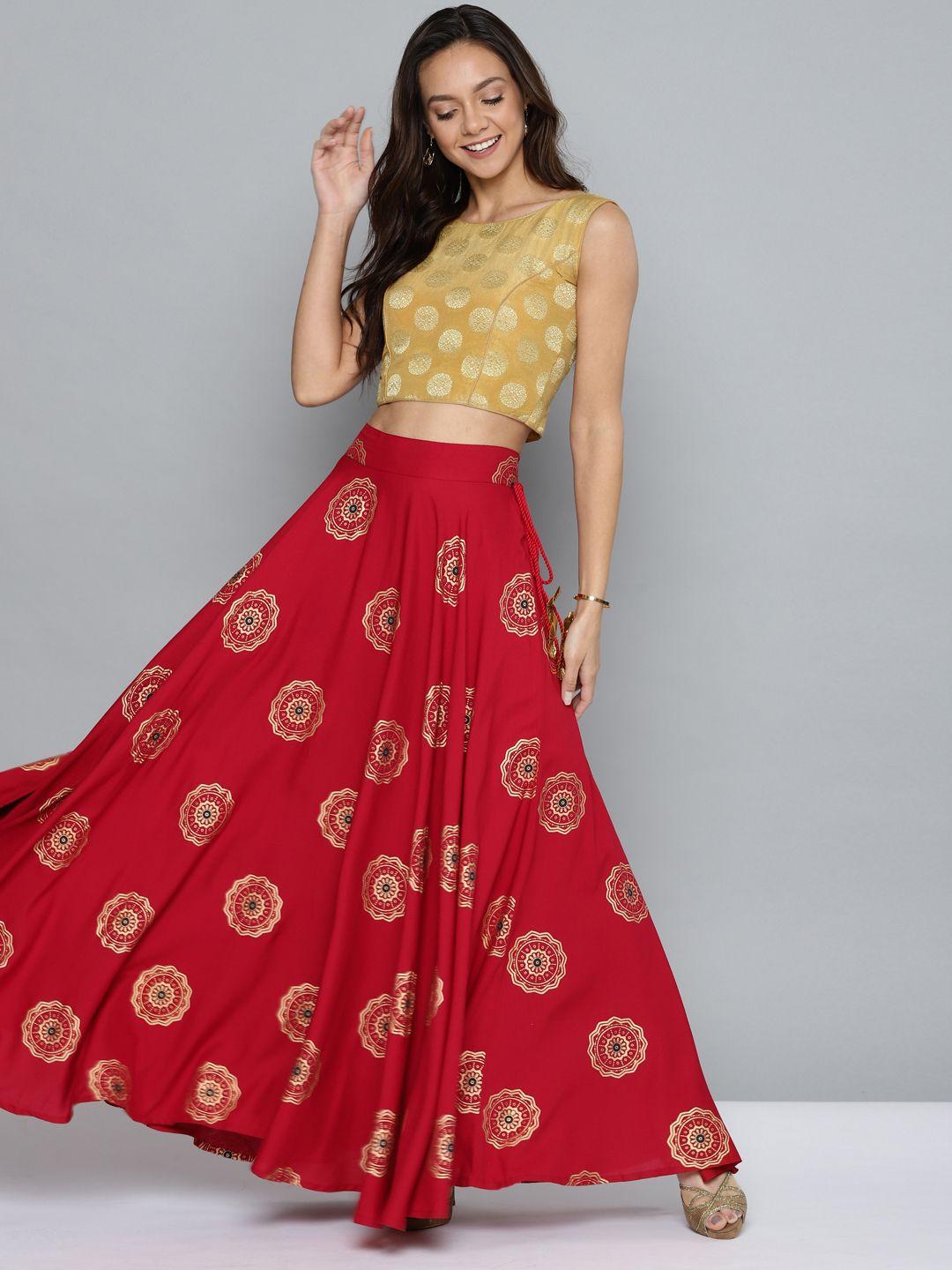 here&now red & golden printed flared maxi skirt