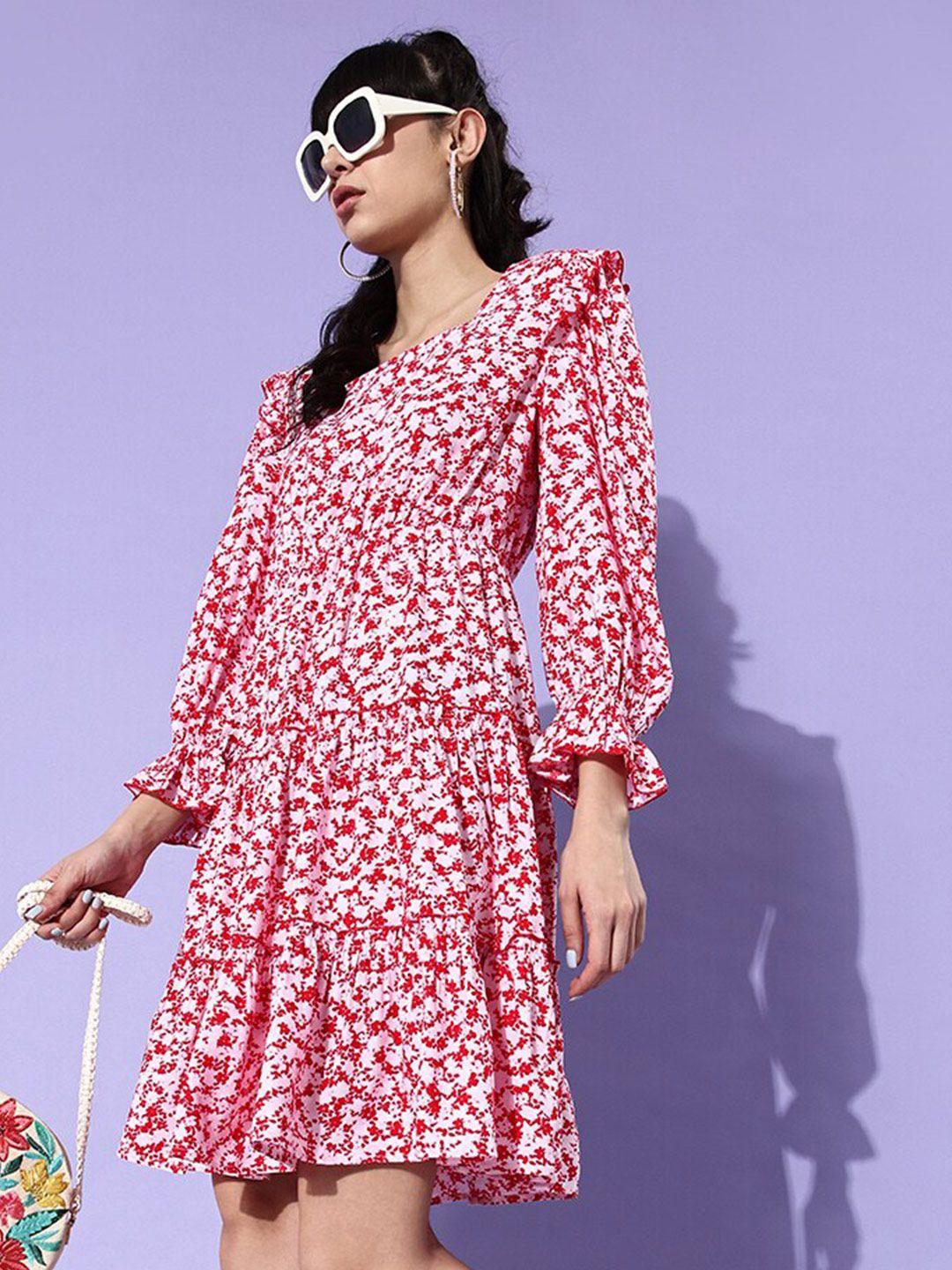 here&now red floral printed square neck puff sleeves ruffles detail tiered a-line dress